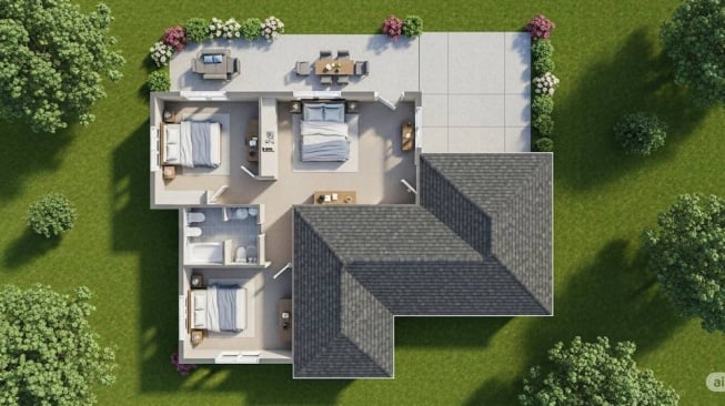 Rumah 3 Kamar Minimalis Layout L (dibuat dengan AI)