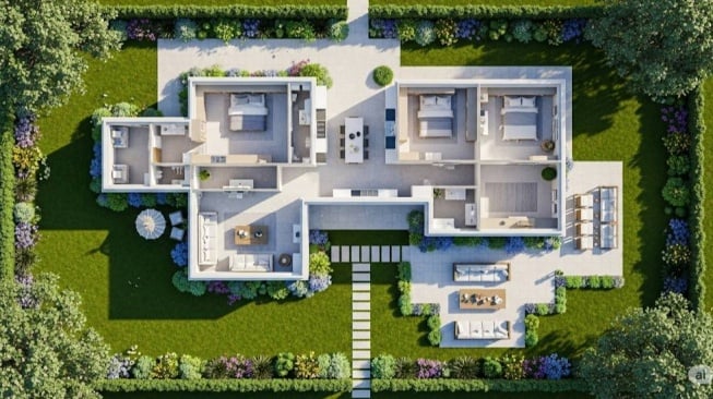 Rumah 3 Kamar Minimalis Dengan Teras Di Taman Belakang (dibuat dengan AI)