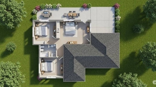 Rumah 3 Kamar Minimalis Layout L. [Dibuat dengan AI]