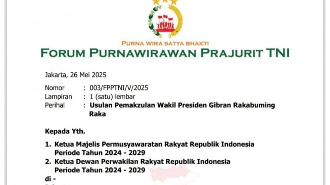 Forum Purnawirawan Prajurit TNI kembali mengusulkan Gibran Rakabuming Raka untuk dimakzulkan sebagai Wakil Presiden RI. Mereka mengajukan surat kepada DPR, DPD dan MPR RI agar mempertimbangkan usulan tersebut. (Ist)