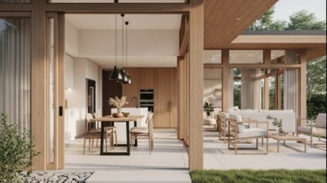 Ilustrasi desain rumah minimalis satu lantai. [AI]