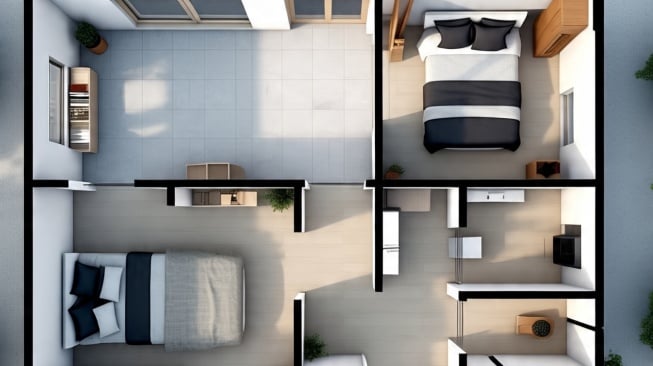 Ilustrasi desain rumah minimalis satu lantai. [AI]