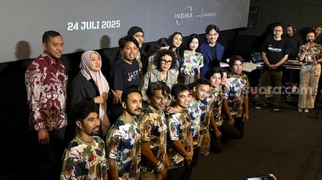 Pemain film Believe - Takdir, Mimpi, Keberanian dalam konferensi pers di kawasan Senayan, Jakarta Pusat pada Selasa, 3 Juni 2025. [Suara.com/Tiara Rosana]