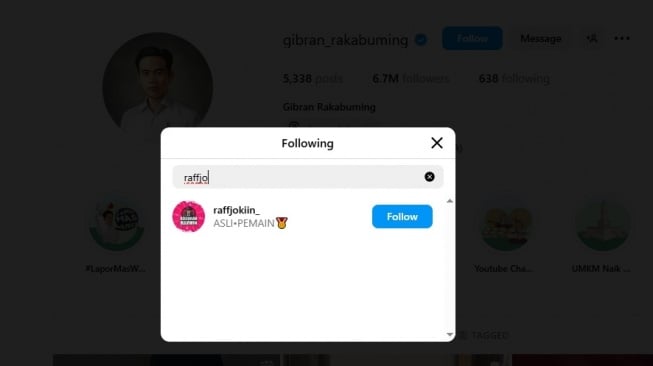 Salah satu akun Instagram judi online yang diikuti oleh Gibran Rakabuming. [tangkapan layar]