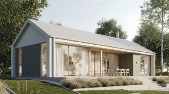 Ilustrasi desain rumah minimalis satu lantai. [AI]