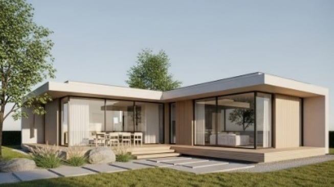 Ilustrasi desain rumah minimalis satu lantai. [AI]