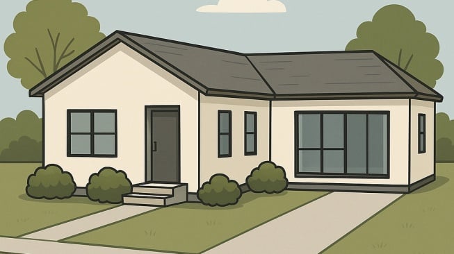 Ilustrasi rumah minimalis 3 kamar dengan bentuk letter L. (Copilot)