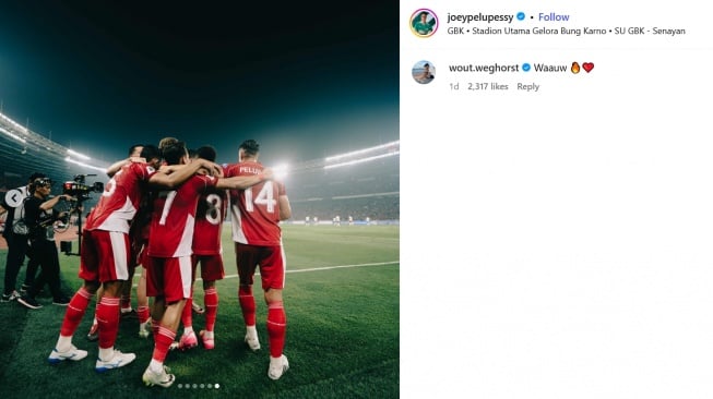 Wout Werghoust yang merupakan striker Belanda dan eks Manchester United ikut takjub dengan momen perayaan timnas Indonesia yang dibagikan oleh Joey Pelupessy. (Instagram/@joeypelupessy)