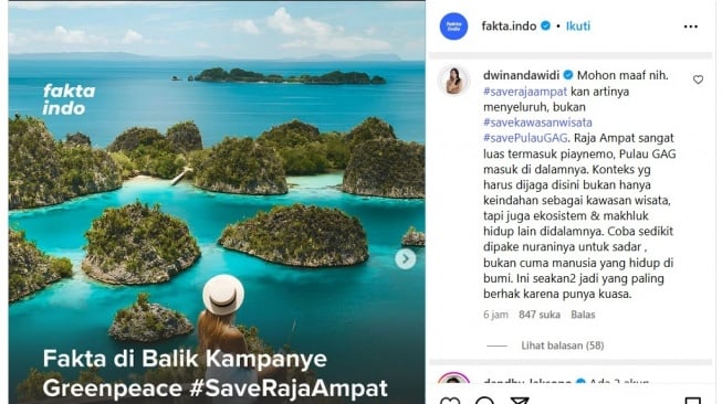 Mantan presenter Jejak Petualang Widi Dwinanda tak setuju kampanye Save Raja Ampat yang diserukan Greenpeace dianggap menyesatkan karena pakai data yang salah. [Instagram dwinandawidi]