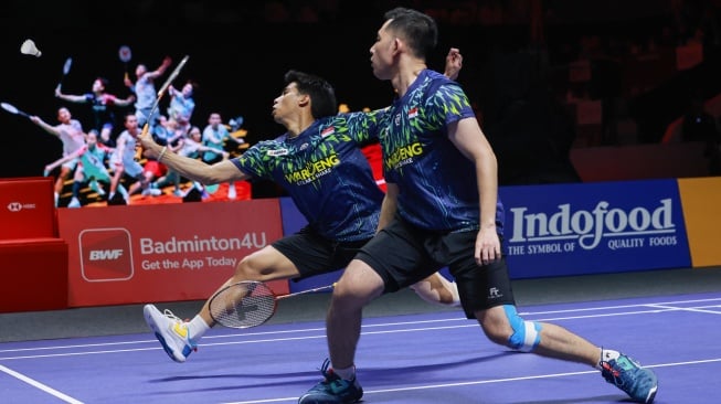 Pasangan ganda putra Indonesia, Sabar Karyaman Gutama/Moh Reza Pahlevi usai melaju ke final Indonesia Open 2025. [Dok. PBSI]