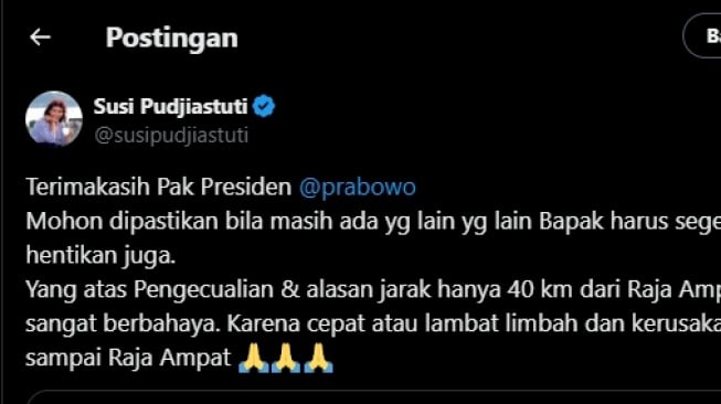 Cuitan Susi Pudjiastuti usai pemerintah cabut izin 4 perusahaan tambang di Raja Ampat. (Tangkapan layar/X)