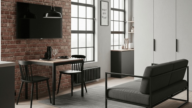ruang multifungsi dengan desain interior rumah minimalis industrial (gemini)