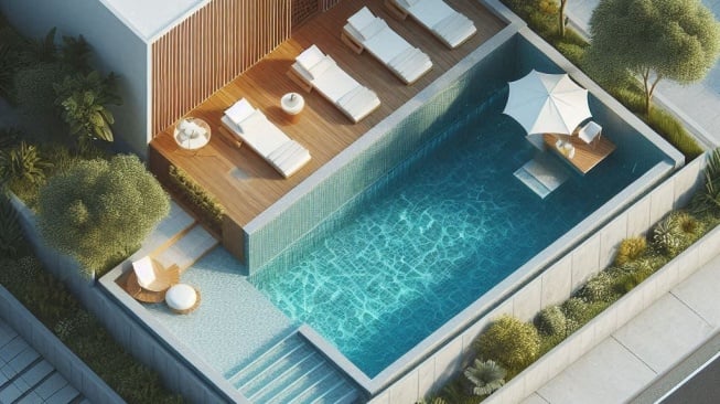 Ide desain kolam renang di rumah sederhana. (Bing Image Creator)