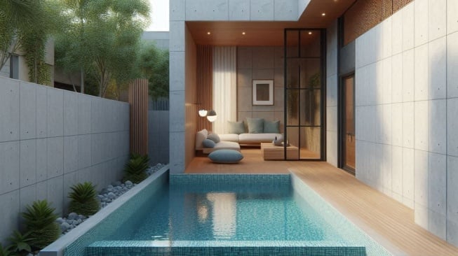 Ide desain kolam renang di rumah sederhana. (Bing Image Creator)