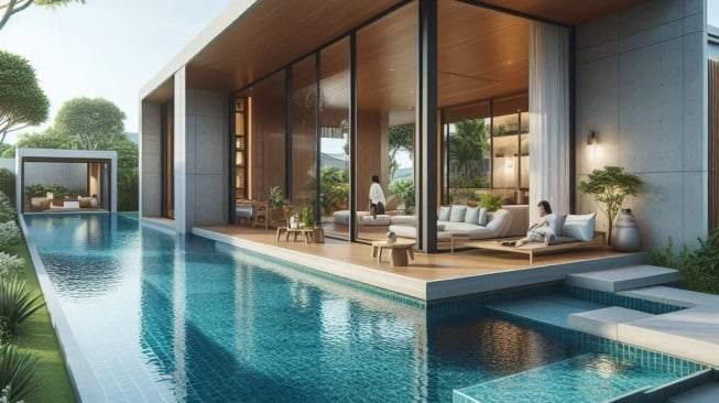 Ide desain kolam renang di rumah sederhana. (Bing Image Creator)