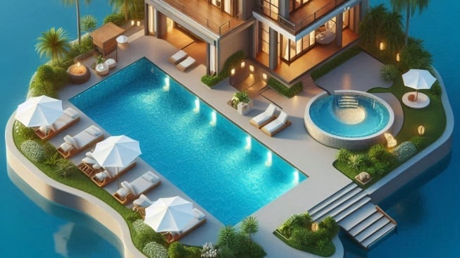Ide desain kolam renang di rumah sederhana. (Bing Image Creator)