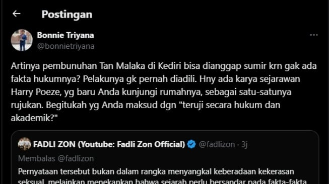 Cuitan Sejarawan Bonnie Triyana soal klarifikasi Menbud Fadli Zon soal pemerkosaan massal 98. (tangkapan layar/X)