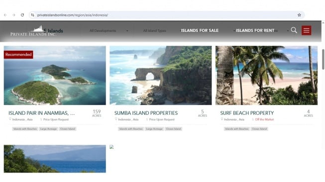 Penampakan situs yang menjual pulau di Indonesia. [privateislandsonline.com]
