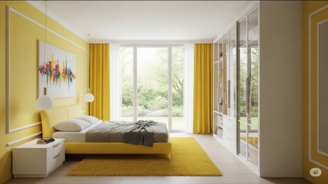 Ilustrasi desain kamar tidur dengan warna kuning (AI)