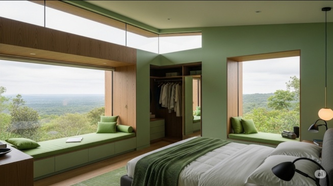 Ilustrasi desain kamar tidur dengan warna hijau (AI)