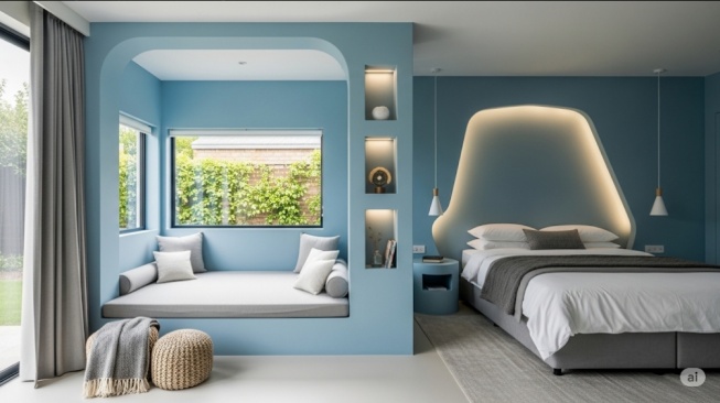 Ilustrasi desain kamar tidur dengan warna biru (AI)
