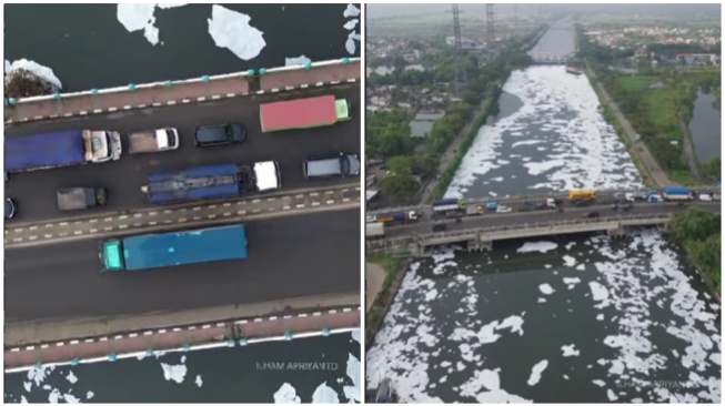 Fenomena Busa Tebal Penuhi Kanal Banjir Timur Marunda