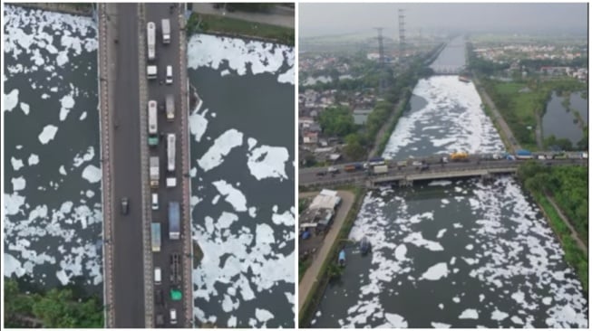 Fenomena Busa Tebal Penuhi Kanal Banjir Timur Marunda
