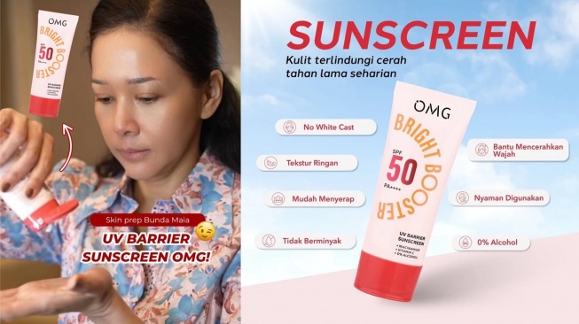 Sunscreen Maia Estianty. (Kolase TikTok/itsomgbeauty dan Shopee/OMG Beauty Official Shop)