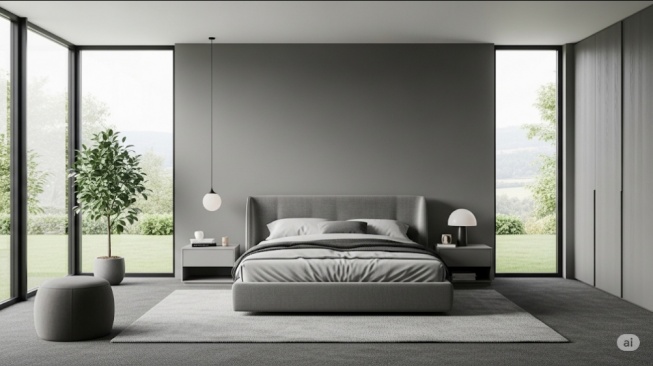 Ilustrasi desain kamar tidur dengan warna abu-abu (AI)