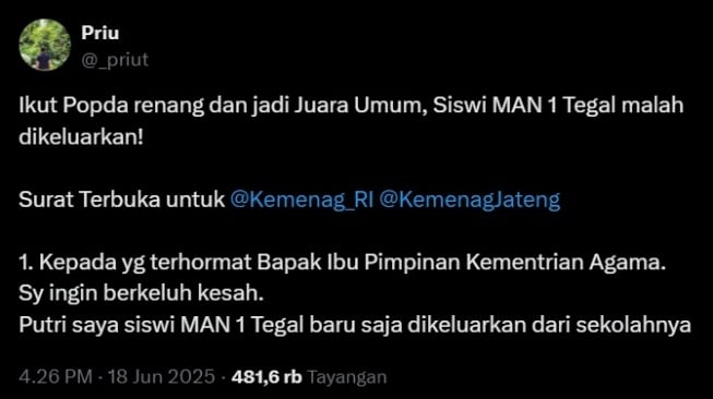 Siswi SMAN 1 Tegal Dikeluarkan Sekolah Usai Tolak Baju Syar'i Lomba Renang, Orangtua Ngadu Kemenag. [X]