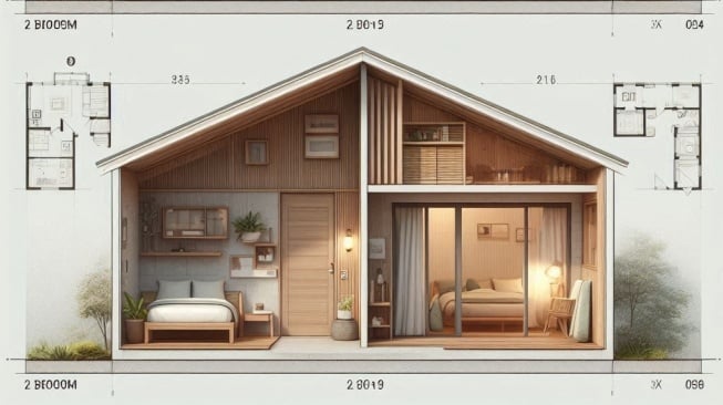 Desain rumah minimalis 2 kamar 6x8. (Bing Image Creator)