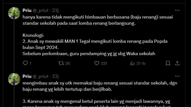 Siswi SMAN 1 Tegal Dikeluarkan Sekolah Usai Tolak Baju Syar'i Lomba Renang, Orangtua Ngadu Kemenag. [X]