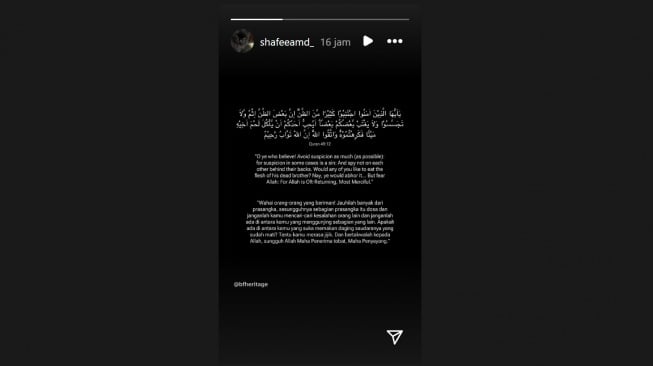 Shafeea Ahmad unggah kutipan ayat Al Quran (Instagram/@shafeeamd_)