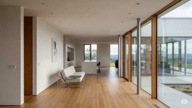 Ilustrasi rumah minimalis modern dengan lantai kayu (AI)