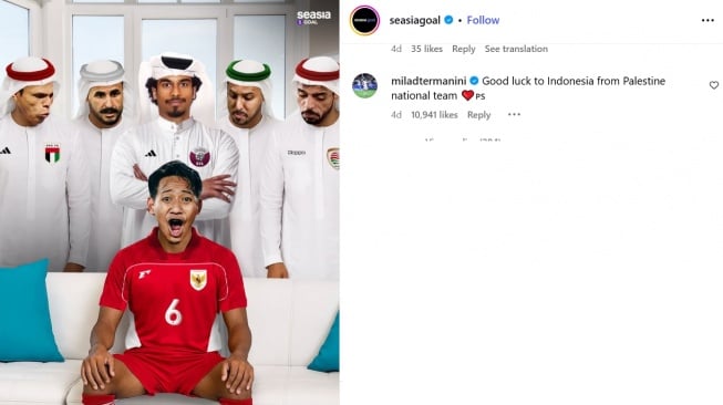 Pemain Palestina yang bernama Michel Termanini mendoakan timnas Indonesia yang dikepung oleh tim Timur Tengah di round 4 Kualifikasi Piala Dunia 2026. (Instagram/@seasiagoal)