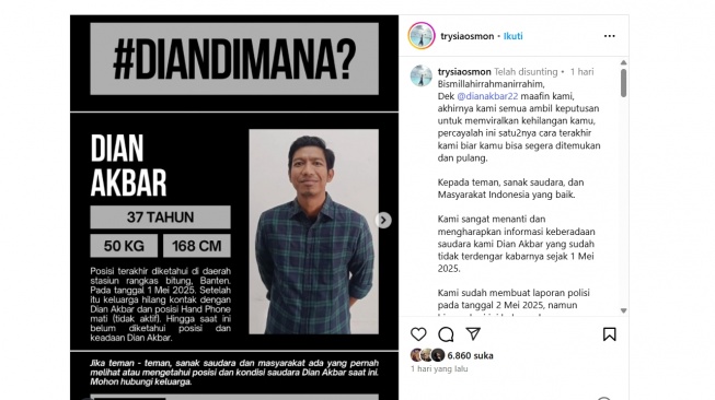 'Dian Akbar Hilang' Viral, Raffi Ahmad hingga Nia Ramadhani Bantu Cari. [Instagram]