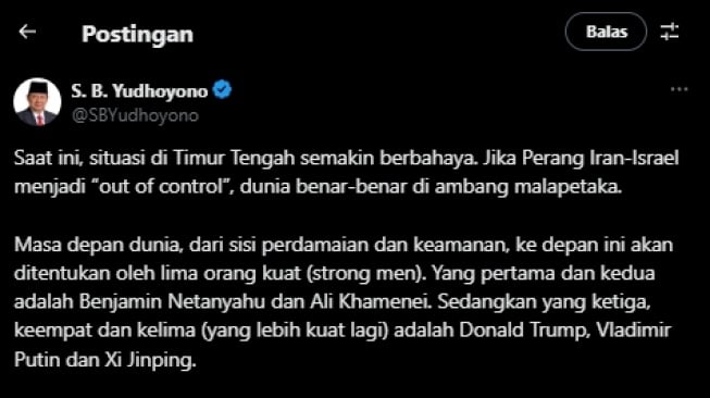 Cuitan SBY menanggapi perang antara Iran dan Israel. (tangkapan layar/X)
