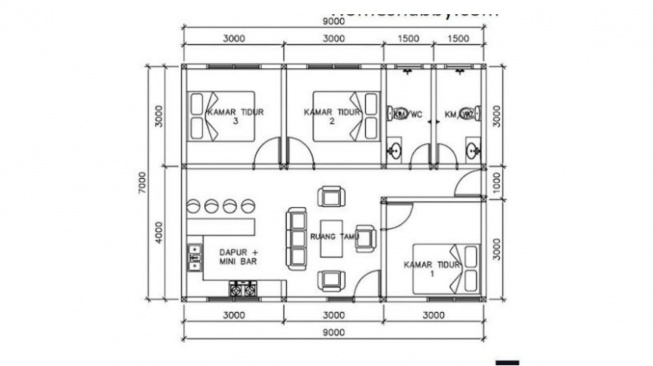 Desain rumah 3 kamar dengan ukuran 7x9 (Lamudi)