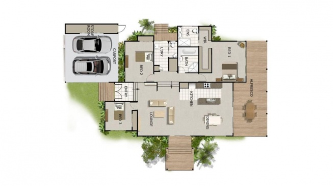 Desain rumah minimalis 3 kamar memanjang dengan konsep split level (Lamudi)
