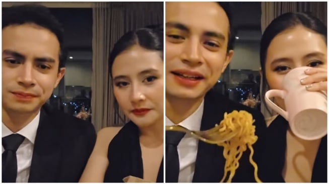 Prilly Latuconsina bareng Omara makan mie goreng dan es teh manis (Instagram)