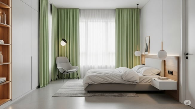 Ilustrasi kamar tidur minimalis dengan gorden warna hijau yang bagus menurut fengshui (AI)