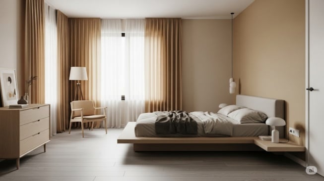 Ilustrasi kamar tidur minimalis dengan gorden warna warm earth tones yang bagus menurut fengshui (AI)