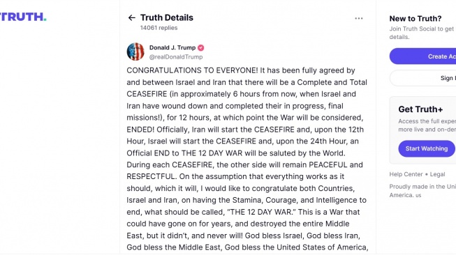 Presiden Amerika Serikat, Donald Trump mengumumkan gencatan senjata antara Iran dan Israel. [Truth]