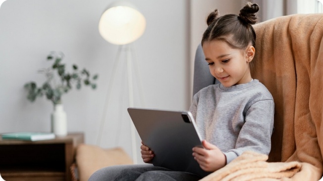 Ilustrasi anak sedang memakai tablet untuk belajar (Freepik)