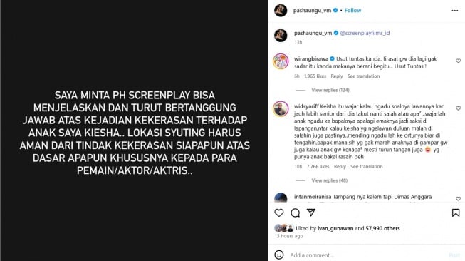Kiesha Alvaro Digampar Dimas Anggara, Pasha Ungu Minta Pertanggungjawaban Rumah Produksi. [Instagram]