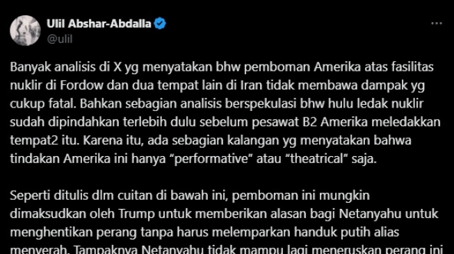 Cuitan Ketua PBNU Ulil Abhsar Abdalla soal serangan bom AS ke Iran. (tangkapan layar/X)