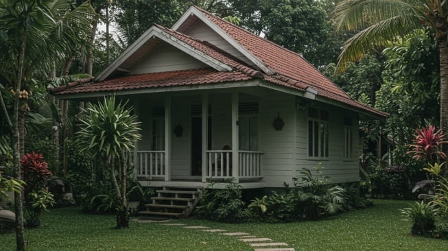 Rumah klasik 1 lantai dengan teras depan dan taman kecil. (Gemini AI)