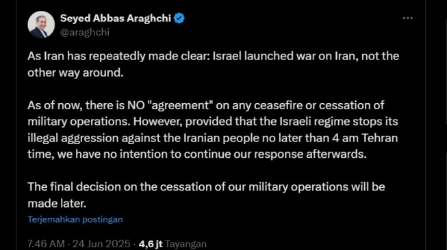 Abbas Araghchi merespons pernyataan Presiden Amerika Serikat, Donald Trump's soal adanya gencatan senjata dengan Israel. [X]
