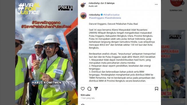 Soroti Krisis Enggano, Rieke Diah Pitaloka Minta Tetapkan Status Darurat. [Instagram]