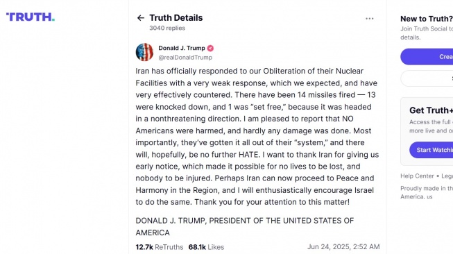Presiden Amerika Serikat, Donald Trump mengumumkan gencatan senjata antara Iran dan Israel. [Truth]